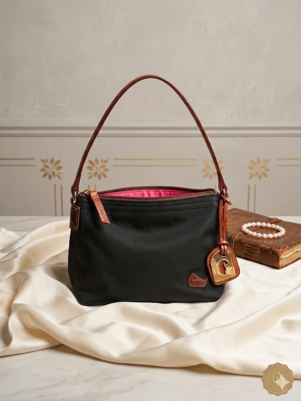 Dooney & Bourke Nylon Pouchette Shoulder Bag Black with Pink Interior